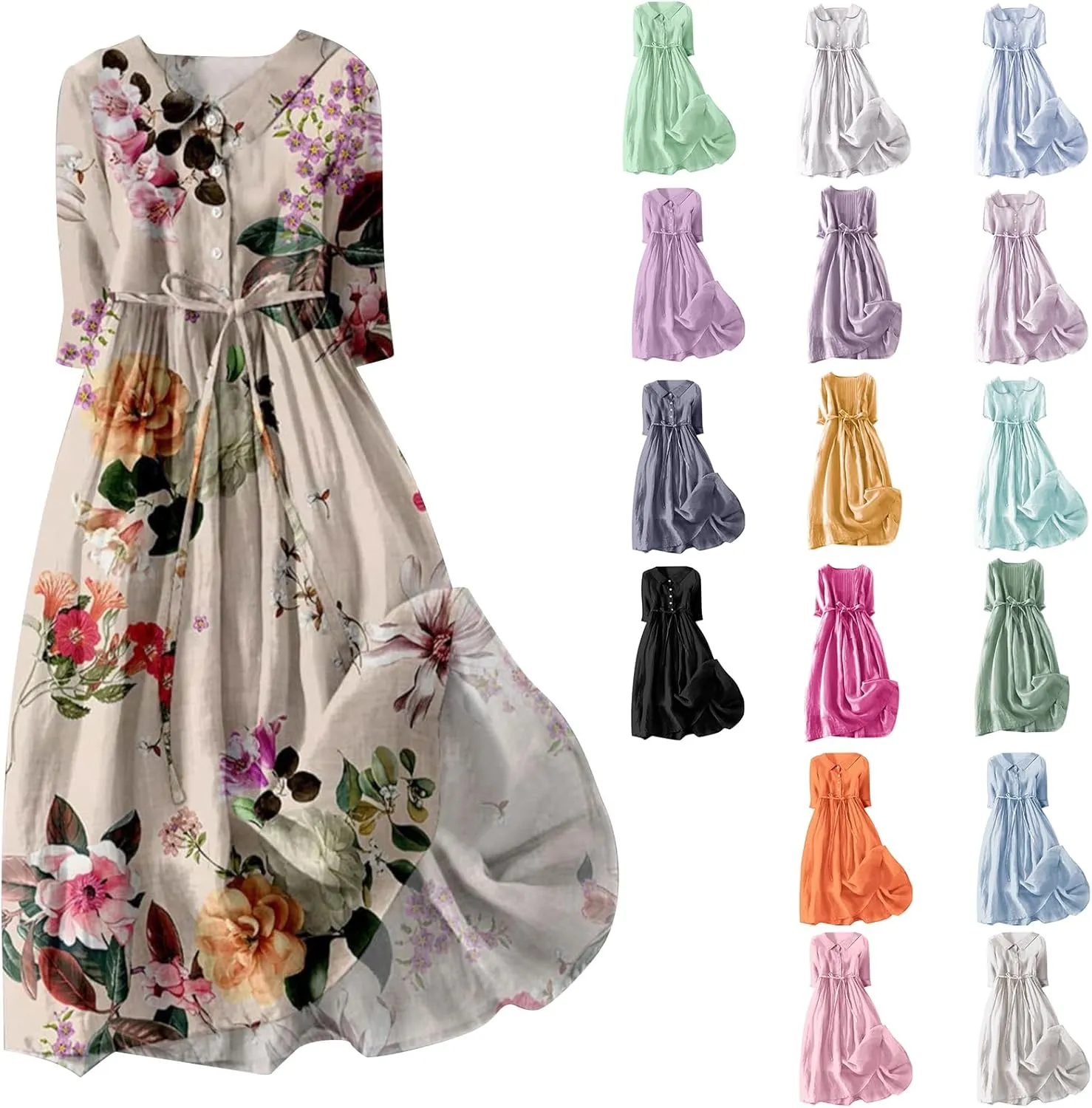 Women Cotton Linen Dresses 3/4 Sleeve Floral Print 2025 Maxi Button Down Casual Boho Plus Size A Line Summer Dress