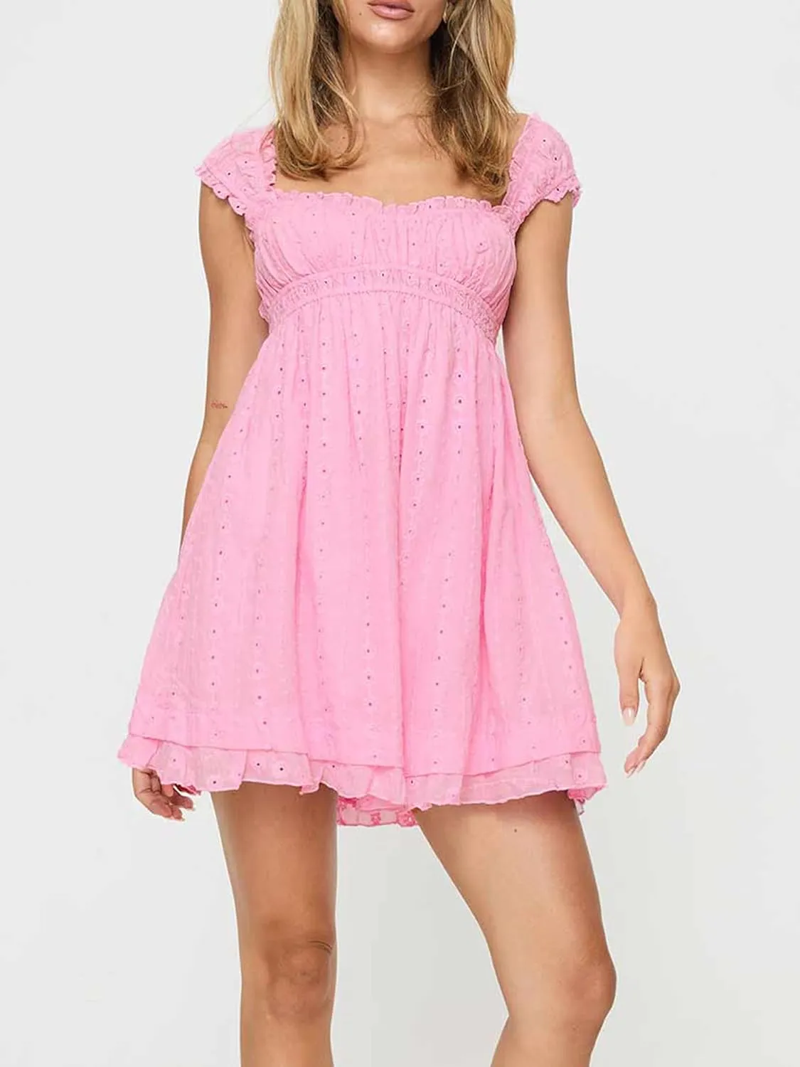 Women Eyelet Dress Ruffle Lace Strap Square Neck Sleeveless A Line Mini Dress Backless Y2k Floral Dress Party Beach Dresses
