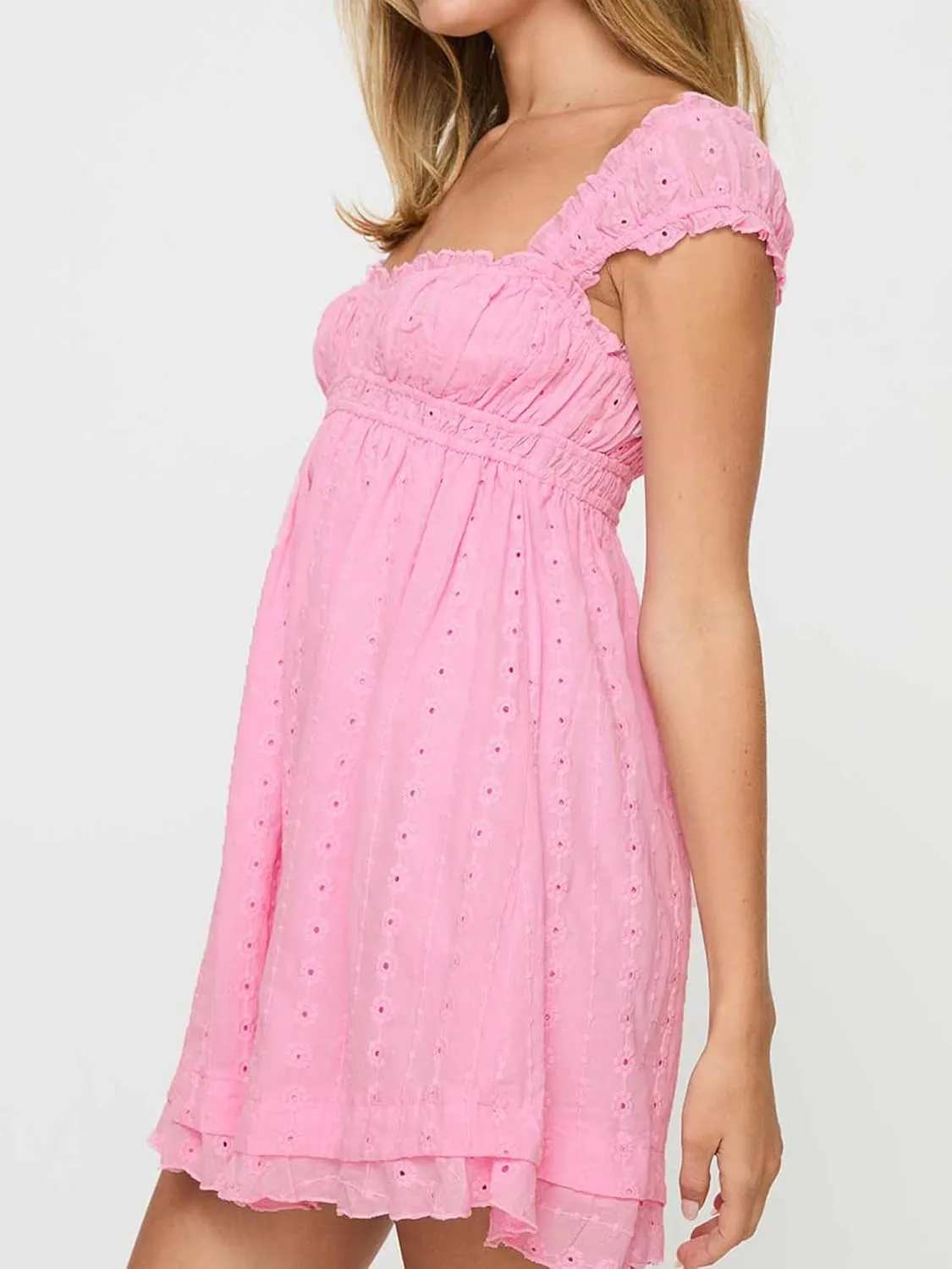 Women Eyelet Dress Ruffle Lace Strap Square Neck Sleeveless A Line Mini Dress Backless Y2k Floral Dress Party Beach Dresses