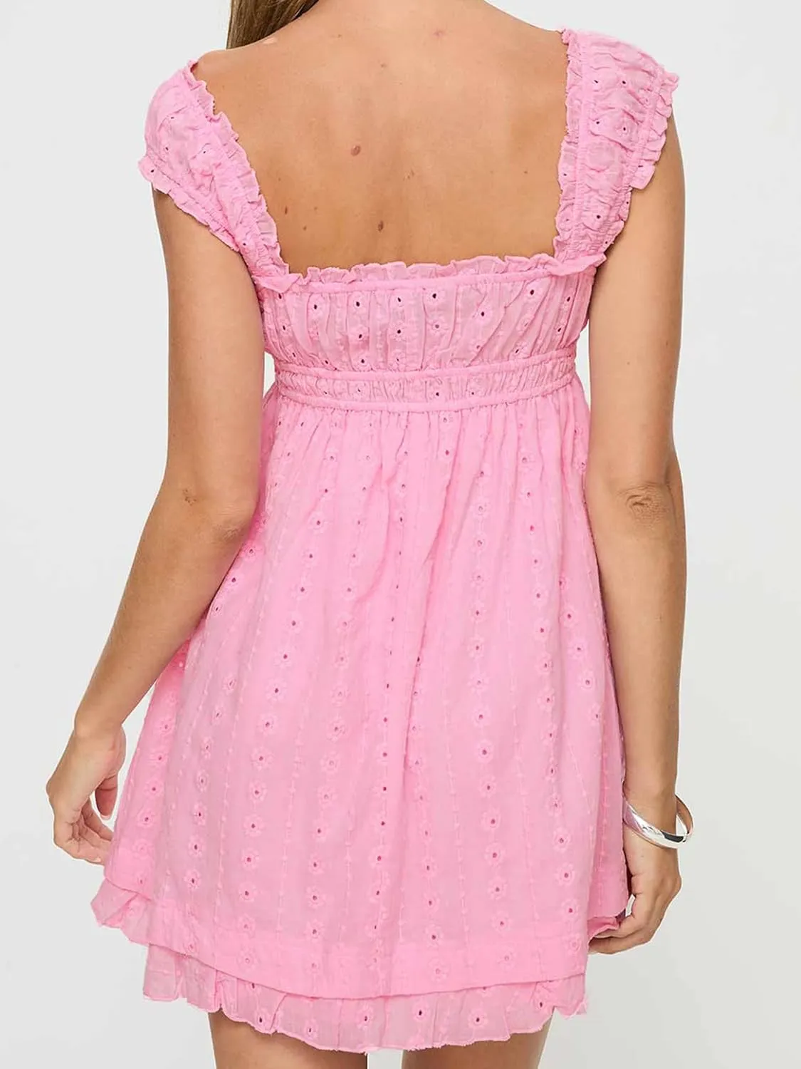 Women Eyelet Dress Ruffle Lace Strap Square Neck Sleeveless A Line Mini Dress Backless Y2k Floral Dress Party Beach Dresses