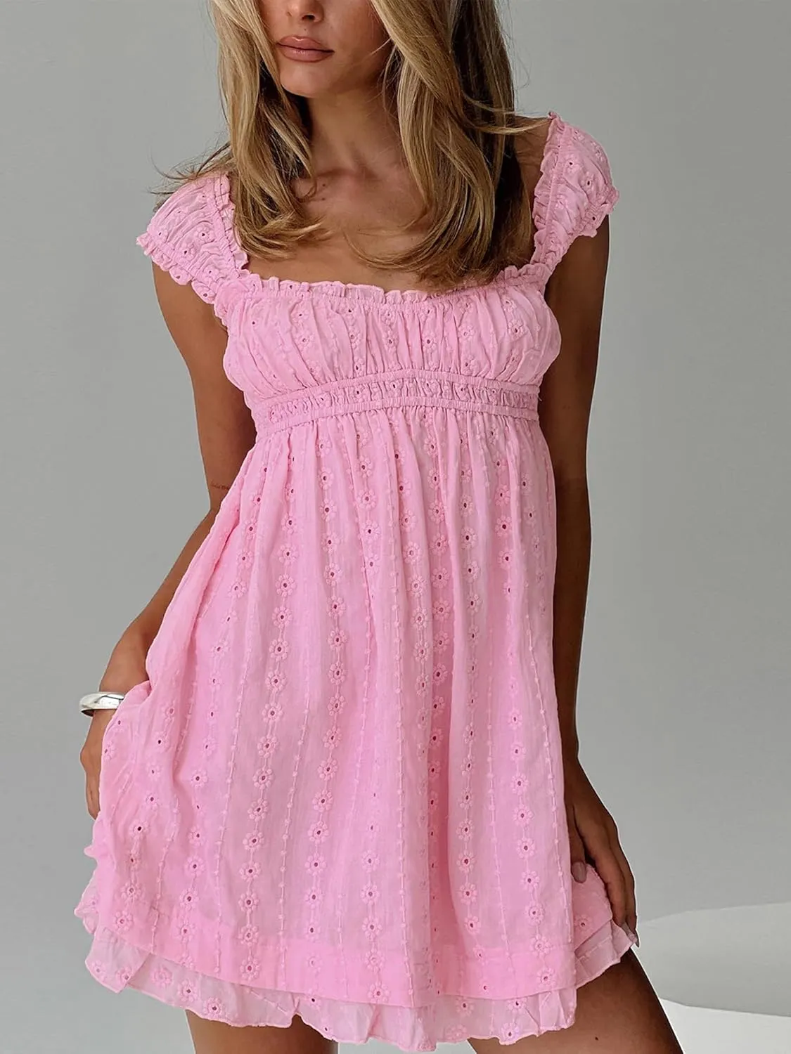 Women Eyelet Dress Ruffle Lace Strap Square Neck Sleeveless A Line Mini Dress Backless Y2k Floral Dress Party Beach Dresses