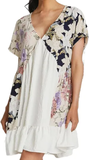Women Floral Short Sleeve Mini Dress Bohemian Babydoll Dress V Neck Sundress Flowy Ruffle Dress