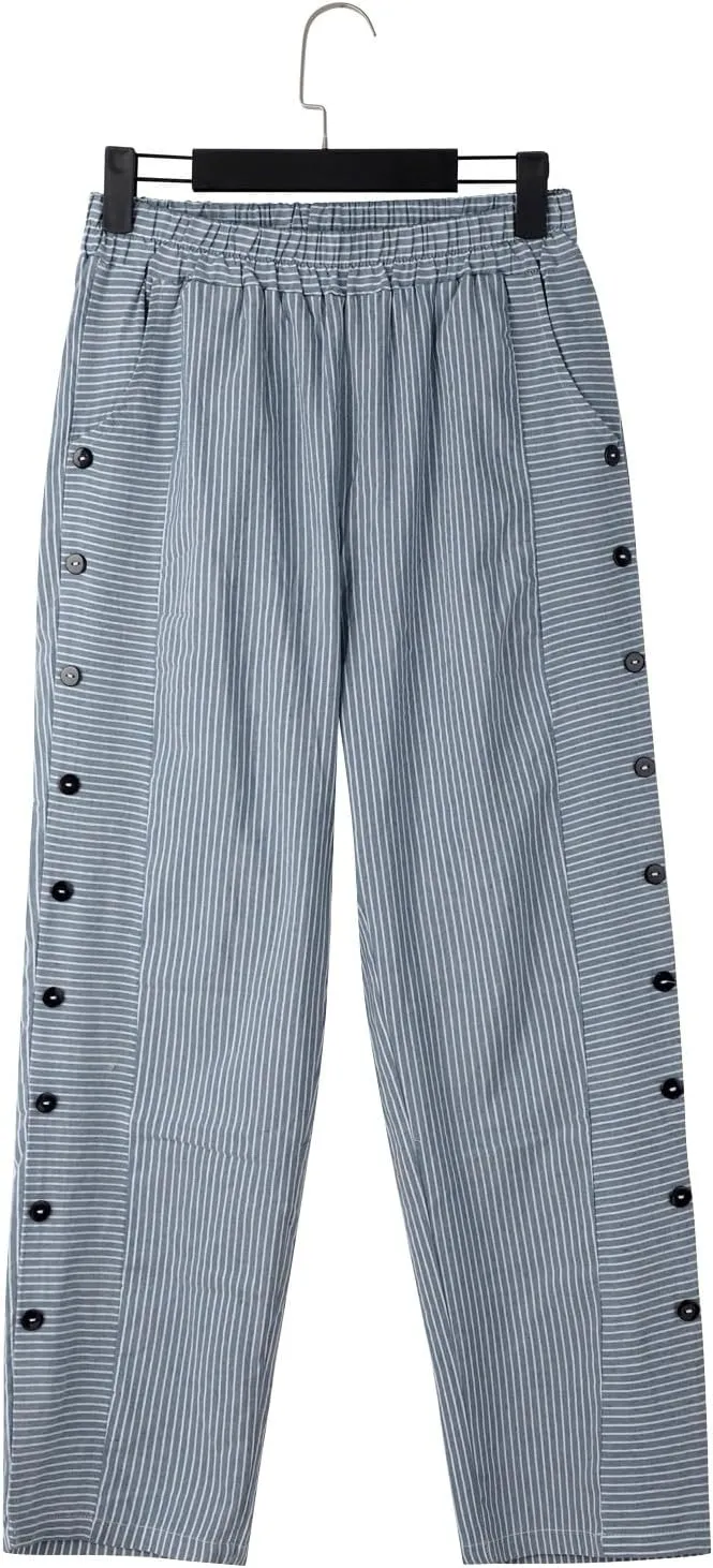 Women Linen Palazzo Pants Elastic Waist Side Back Four Pockets 9/10 Pants Gingham Casual Striped Slacks Beach