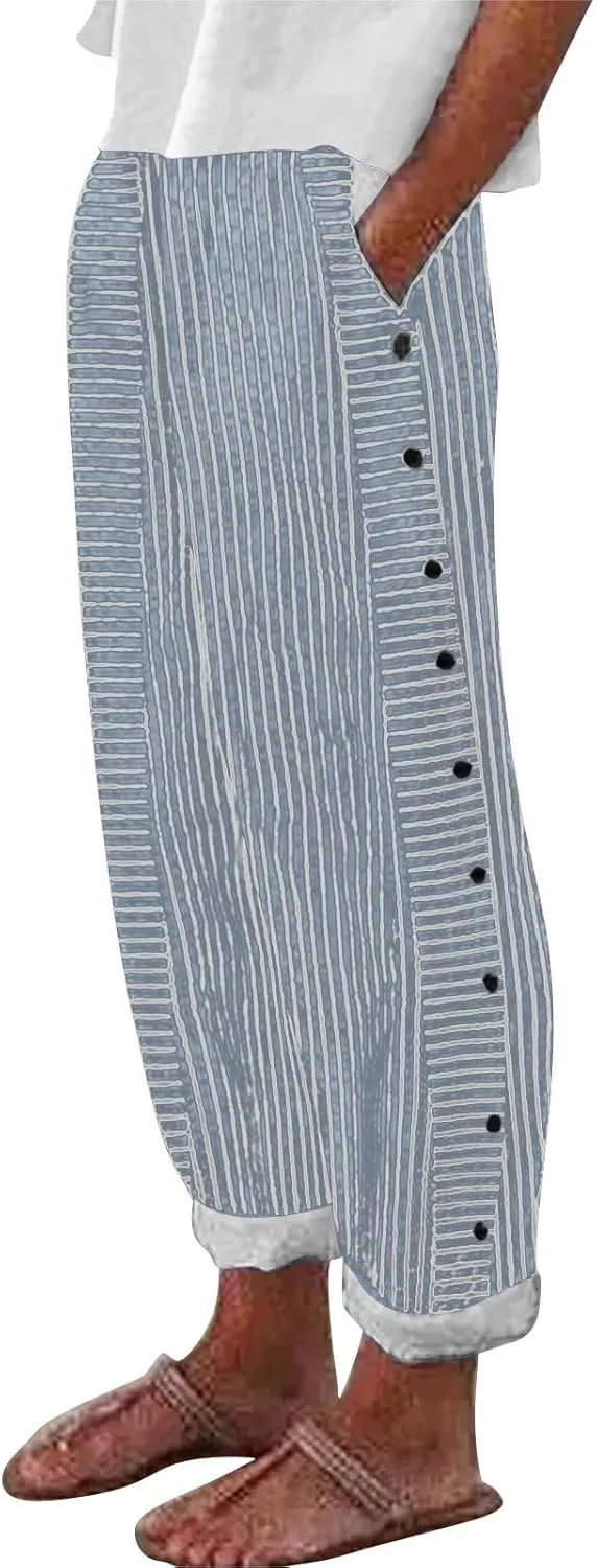 Women Linen Palazzo Pants Elastic Waist Side Back Four Pockets 9/10 Pants Gingham Casual Striped Slacks Beach