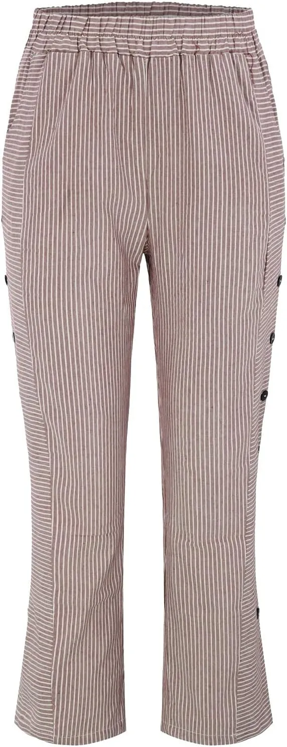 Women Linen Palazzo Pants Elastic Waist Side Back Four Pockets 9/10 Pants Gingham Casual Striped Slacks Beach