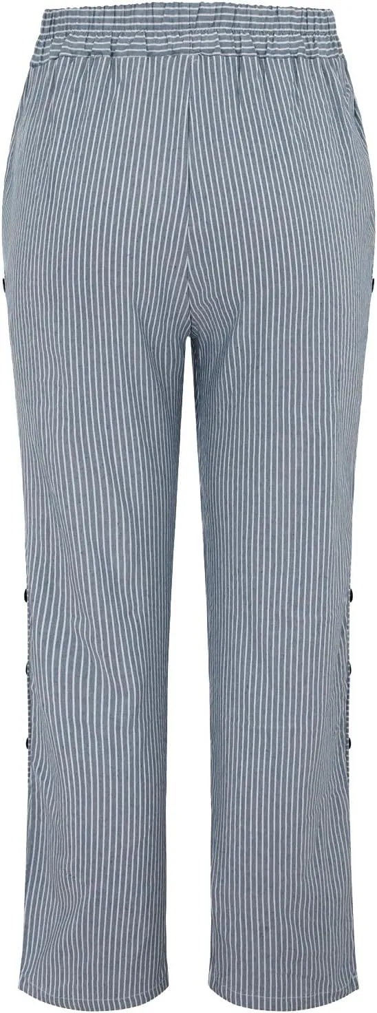 Women Linen Palazzo Pants Elastic Waist Side Back Four Pockets 9/10 Pants Gingham Casual Striped Slacks Beach