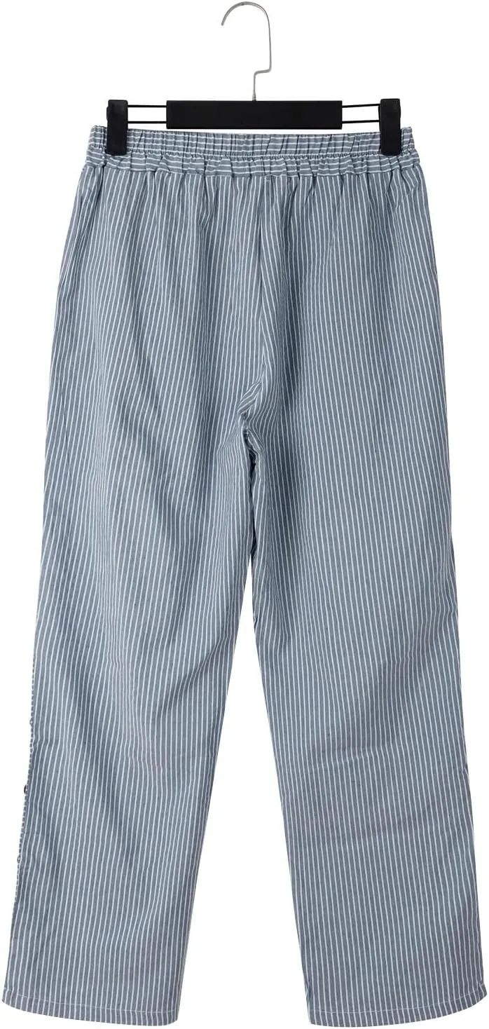 Women Linen Palazzo Pants Elastic Waist Side Back Four Pockets 9/10 Pants Gingham Casual Striped Slacks Beach