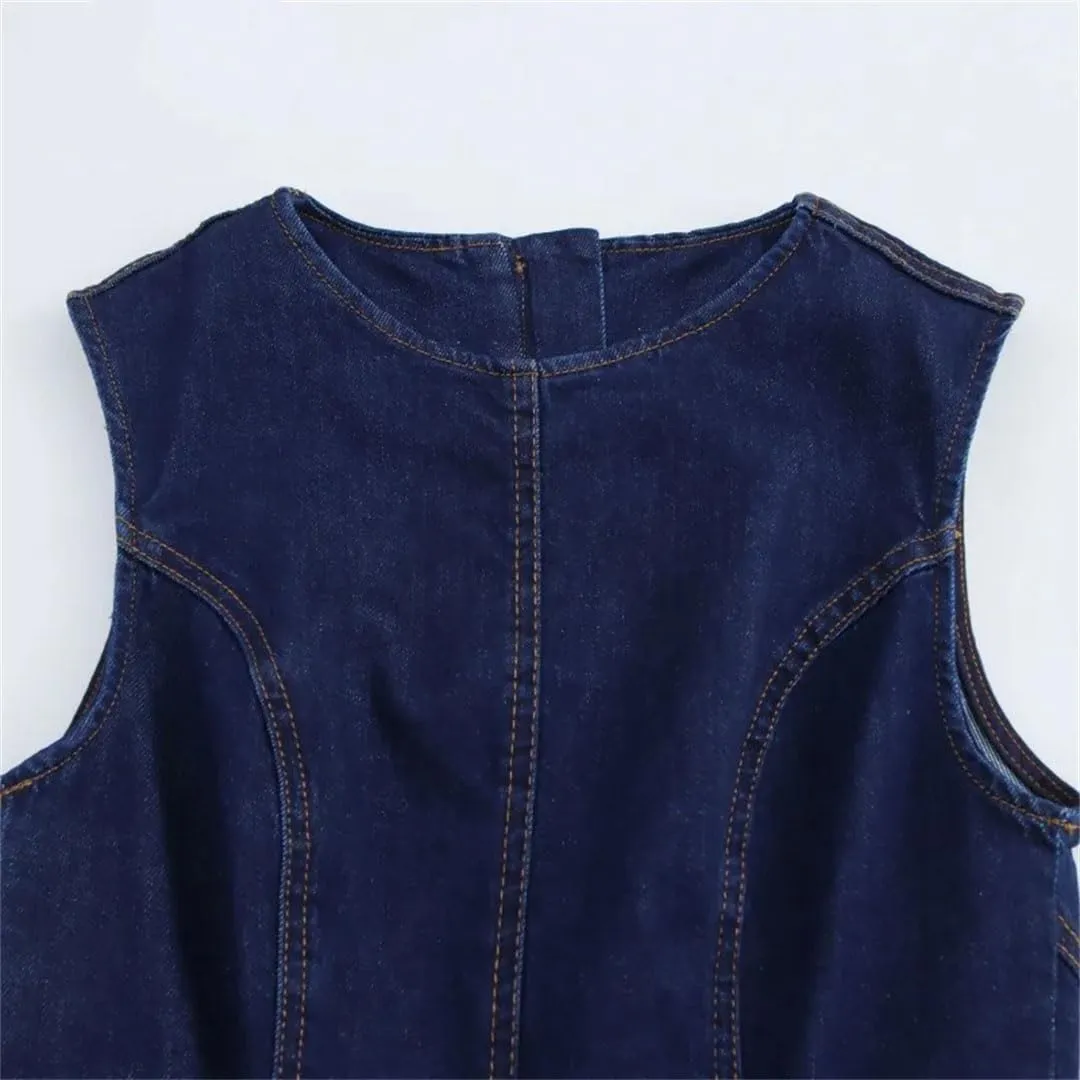Women Office Denim Solid O-Neck Zipper Sleeveless Straight Robe Bodycon Jeans Dresses