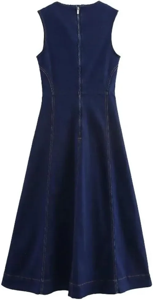 Women Office Denim Solid O-Neck Zipper Sleeveless Straight Robe Bodycon Jeans Dresses