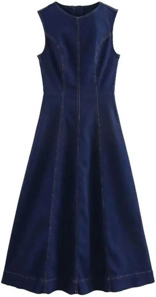 Women Office Denim Solid O-Neck Zipper Sleeveless Straight Robe Bodycon Jeans Dresses