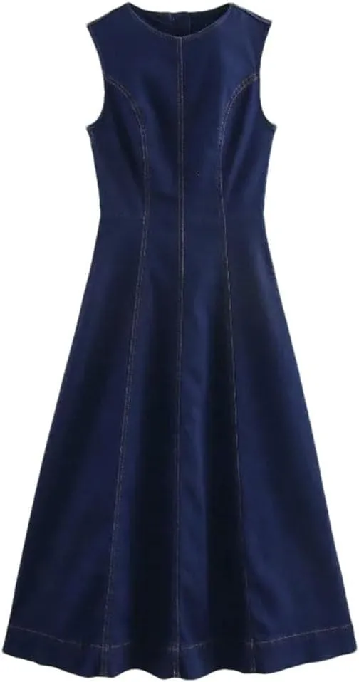 Women Office Denim Solid O-Neck Zipper Sleeveless Straight Robe Bodycon Jeans Dresses