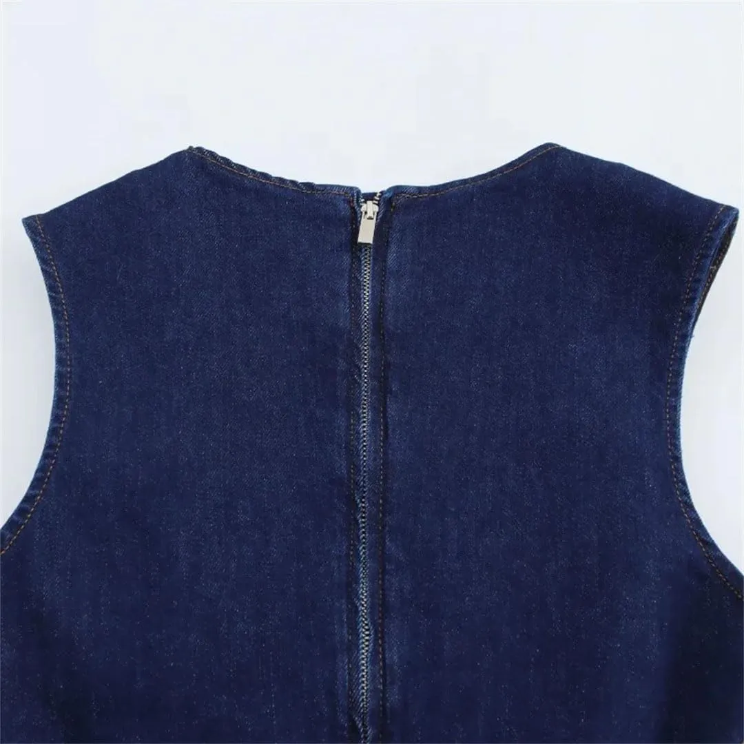 Women Office Denim Solid O-Neck Zipper Sleeveless Straight Robe Bodycon Jeans Dresses