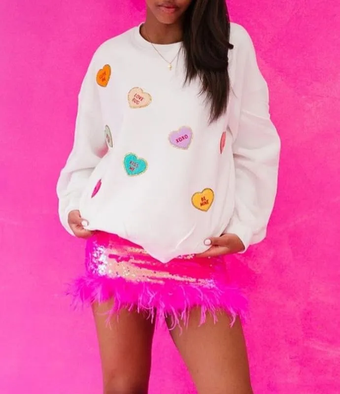 Women Oversized Heart Print Sweatshirts Sequins Long Sleeve Pullovers Top Loose Fit Love Sweatshirt Outfits