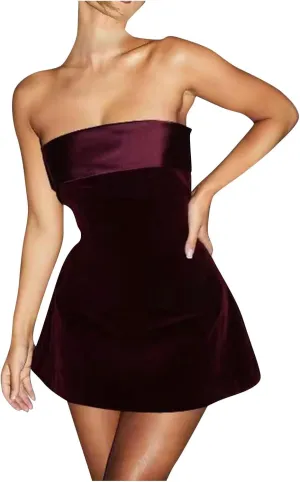 Women Sexy Strapless Tube Mini Dress Velvet Satin Off Shoulder Slim Flare Y2K Short Cocktail Party Night Club Dress