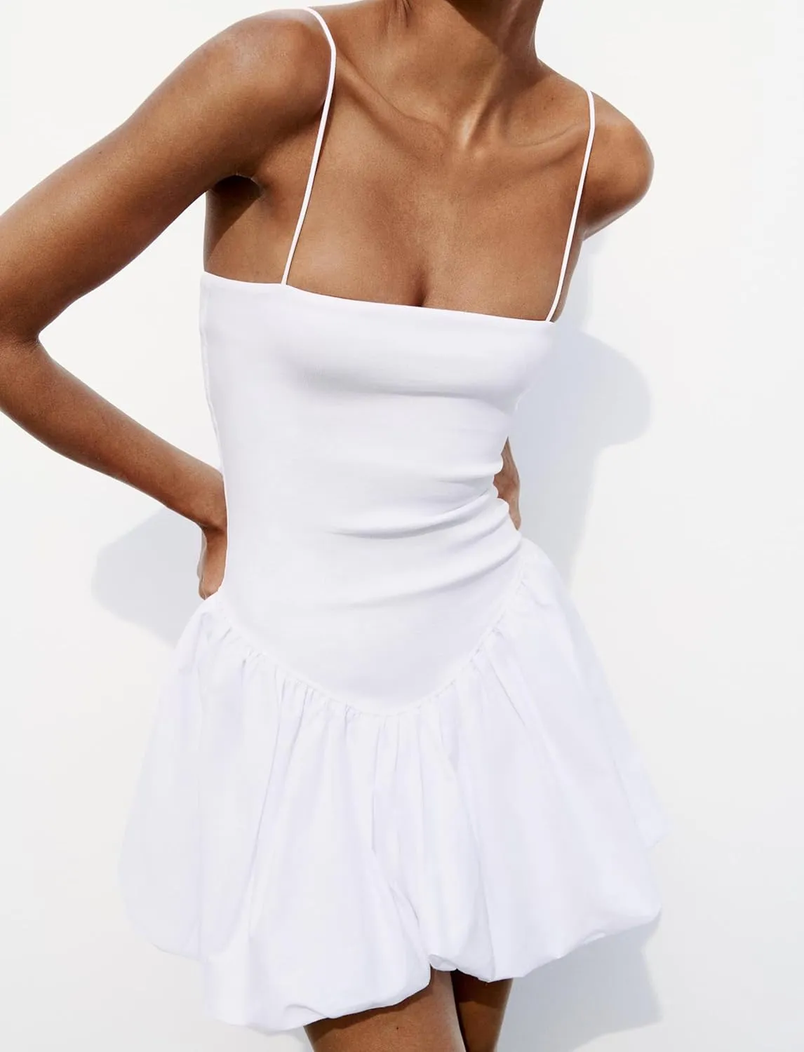 Women Summer Sleeveless Mini Dress Smocked Neck Spaghetti Strap Rib Poplin Balloon Dress Bubble Skirt Short Dress