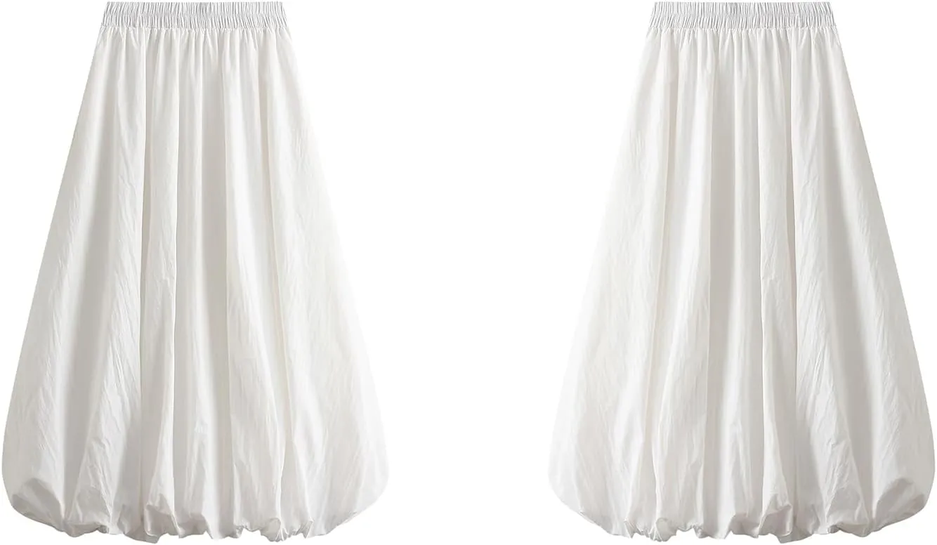 Women Y2k Bubble Maxi Skirt Midi Waist Flowy Balloon Skirt A Line Long Pleated Skirt Casual Ruffle Midi Skirt