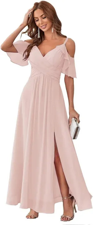 Women's Cold Shoulder Chiffon Bridesmaid Dresses for Wedding Pleated A Line Long Formal Dress with Slit
