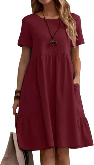 Women's Cotton Linen Dress Crewneck Short Sleeve Mini Dresses Waist Plaeted A-Line Flowy Swing Dresses with Pockets