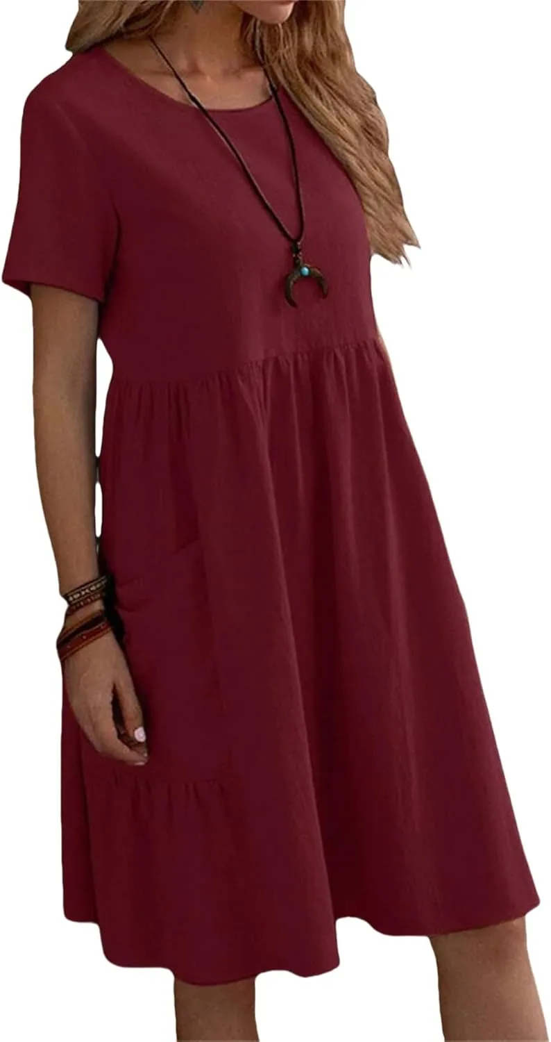 Women's Cotton Linen Dress Crewneck Short Sleeve Mini Dresses Waist Plaeted A-Line Flowy Swing Dresses with Pockets