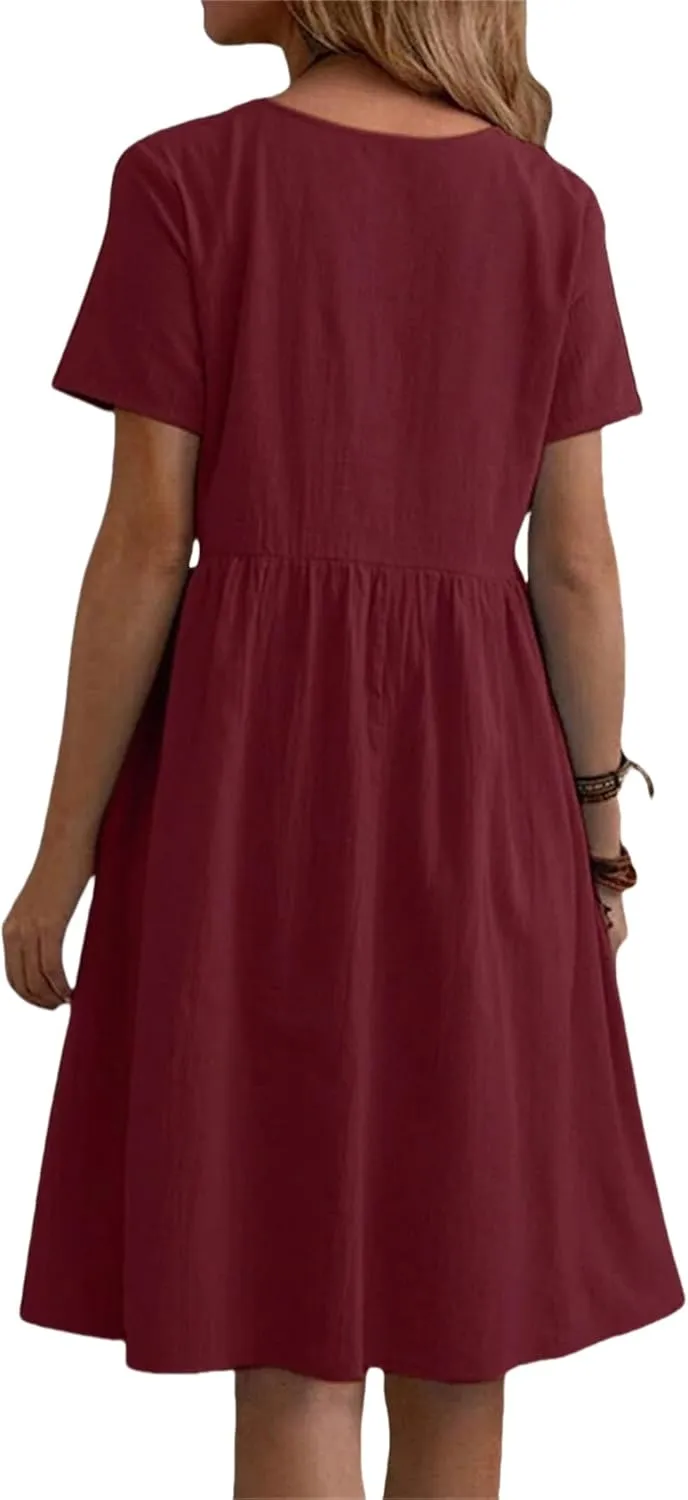 Women's Cotton Linen Dress Crewneck Short Sleeve Mini Dresses Waist Plaeted A-Line Flowy Swing Dresses with Pockets