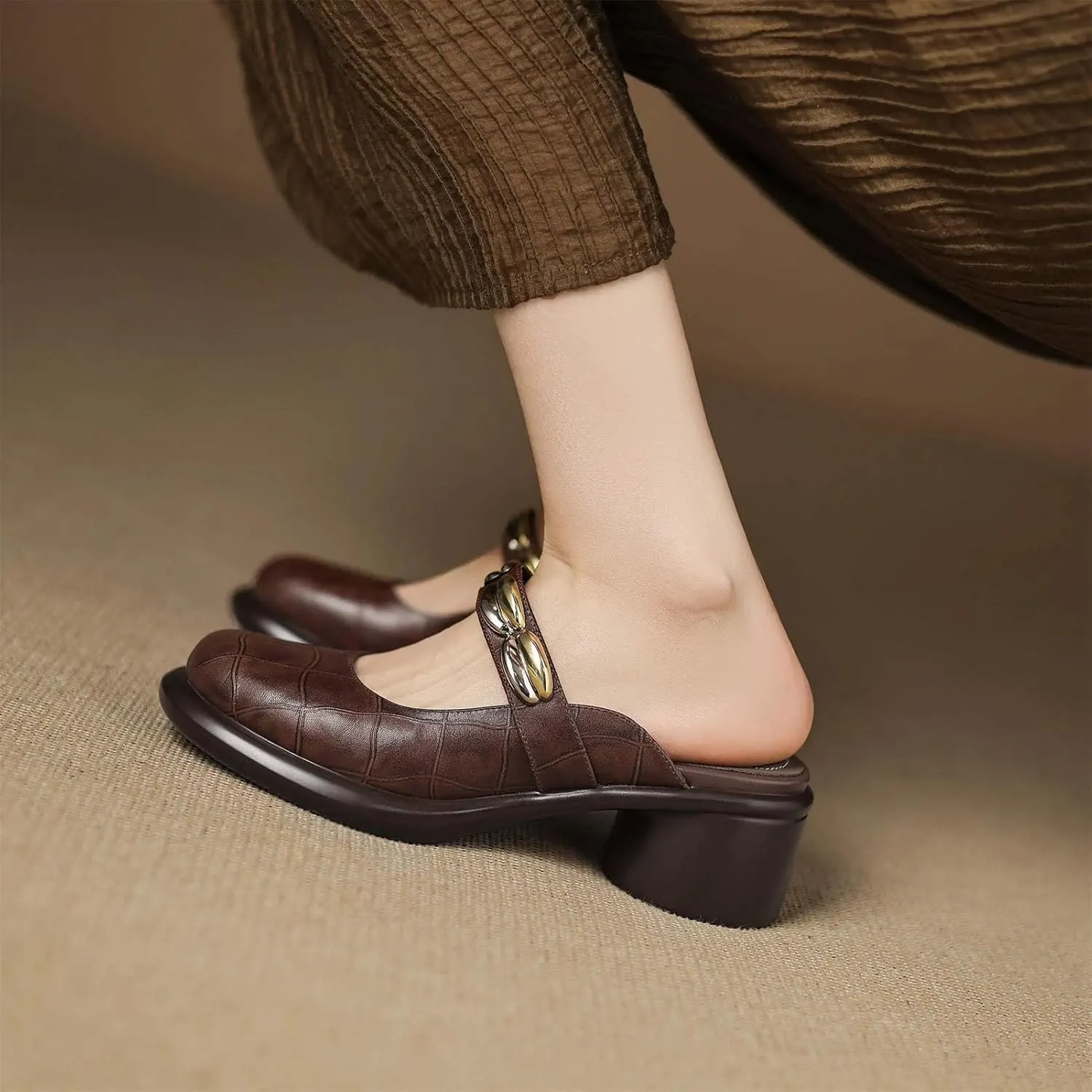 Women's Cow Leather Throwback-Inspired Mules - Peep Toe Med Heels Summer Dignified elegance Slingback Dating