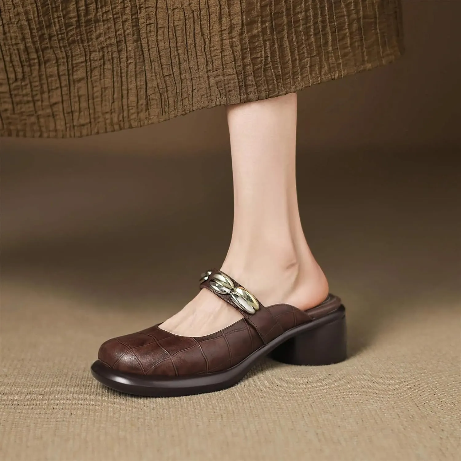 Women's Cow Leather Throwback-Inspired Mules - Peep Toe Med Heels Summer Dignified elegance Slingback Dating