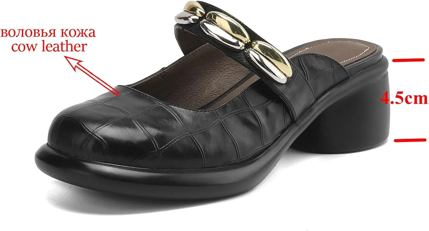 Women's Cow Leather Throwback-Inspired Mules - Peep Toe Med Heels Summer Dignified elegance Slingback Dating