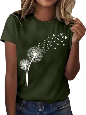 Women's Dandelion Printed Shirt Summer 2025 Short Sleeve Casual Shirts Cute Fit Summer Casual Tee Tops