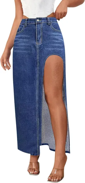 Women's Denim Skirts Sexy Side Split Jean Skirt Casual High Waisted Zip Up Maxi Skirts 2025 Spring Summer Long Skirts