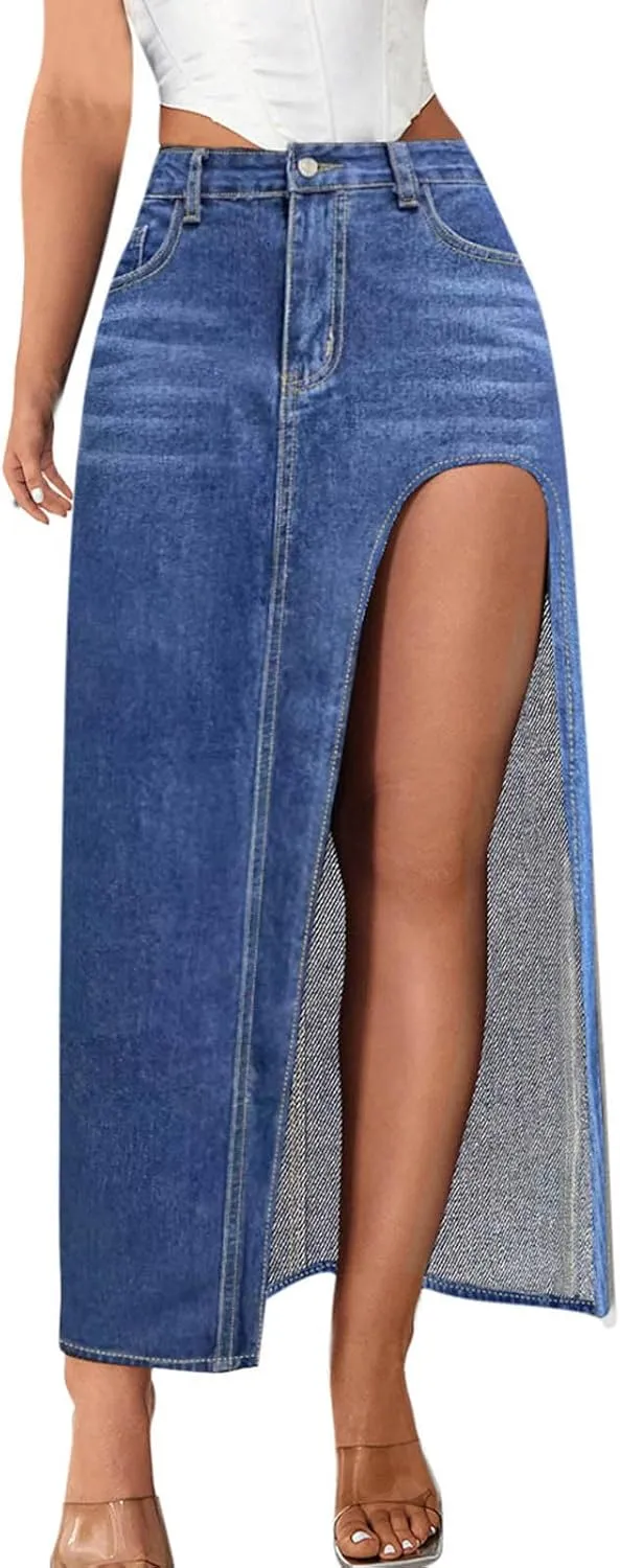 Women's Denim Skirts Sexy Side Split Jean Skirt Casual High Waisted Zip Up Maxi Skirts 2025 Spring Summer Long Skirts