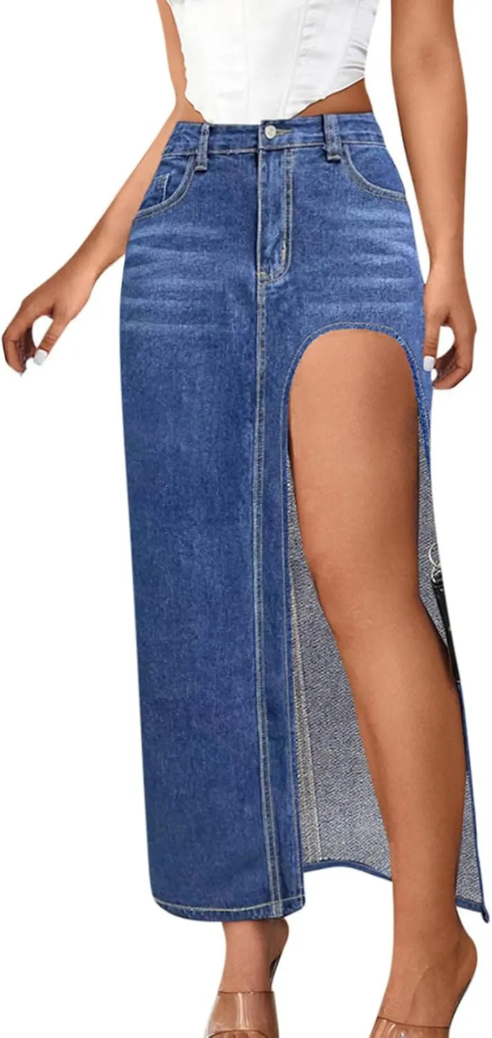 Women's Denim Skirts Sexy Side Split Jean Skirt Casual High Waisted Zip Up Maxi Skirts 2025 Spring Summer Long Skirts