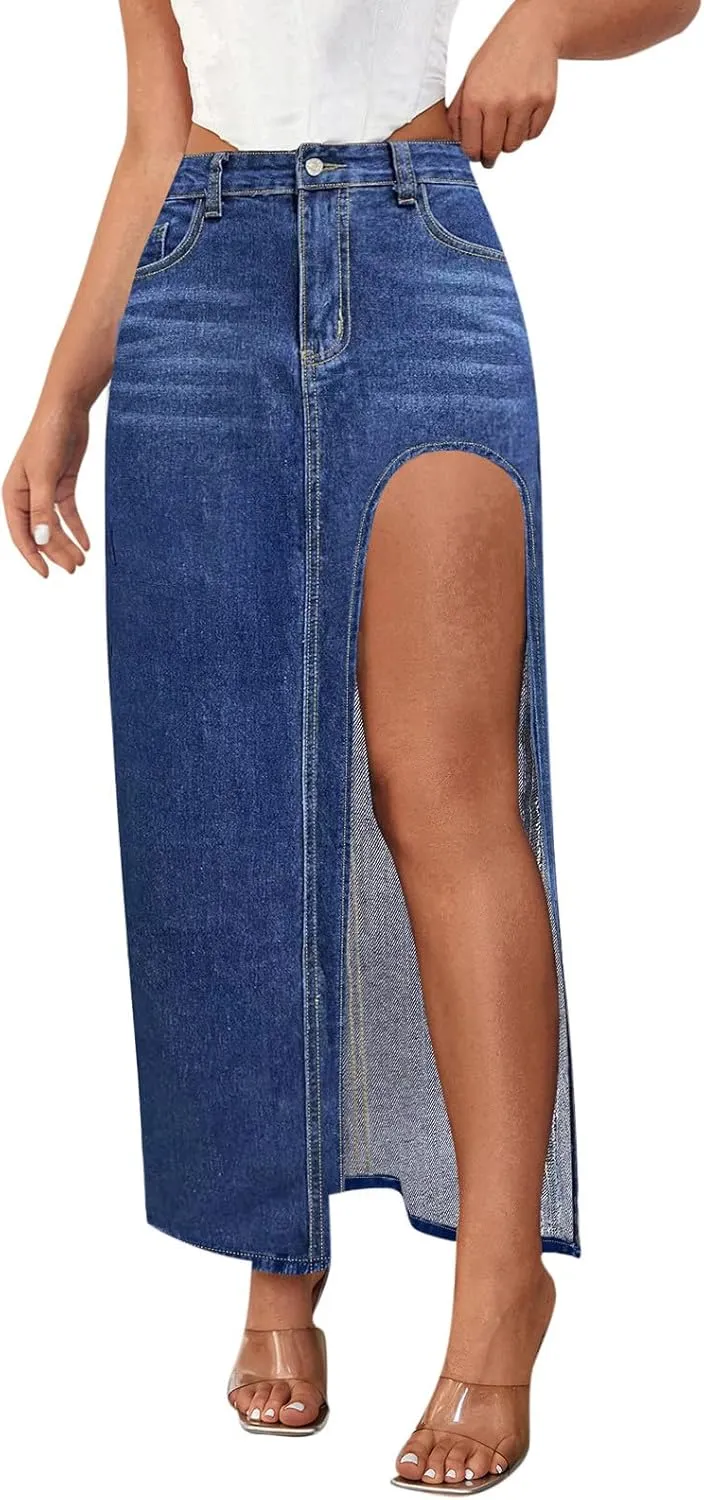 Women's Denim Skirts Sexy Side Split Jean Skirt Casual High Waisted Zip Up Maxi Skirts 2025 Spring Summer Long Skirts