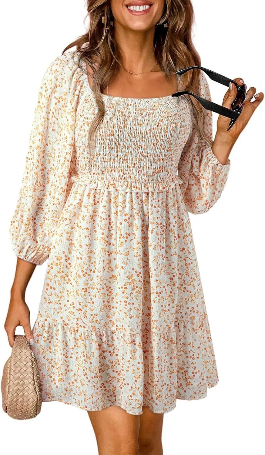 Womens Dresses 2024 Boho Floral Square Neck Smocked Summer Fall Casual 3/4 Sleeve A-Line Flowy Swing Mini Dress