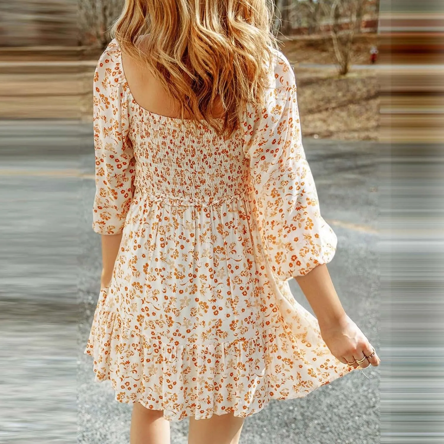 Womens Dresses 2024 Boho Floral Square Neck Smocked Summer Fall Casual 3/4 Sleeve A-Line Flowy Swing Mini Dress