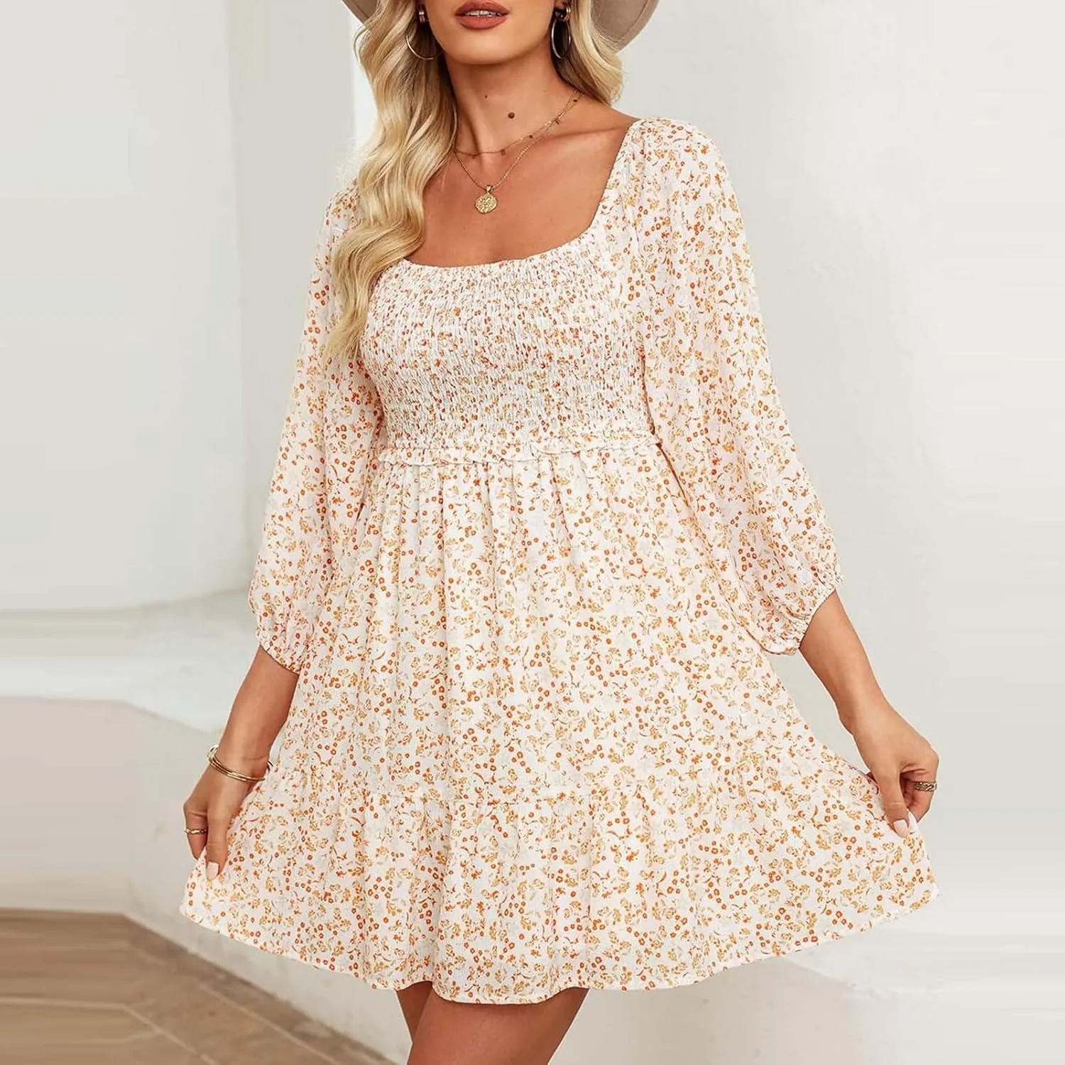 Womens Dresses 2024 Boho Floral Square Neck Smocked Summer Fall Casual 3/4 Sleeve A-Line Flowy Swing Mini Dress