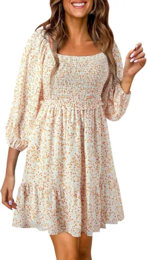 Womens Dresses 2024 Boho Floral Square Neck Smocked Summer Fall Casual 3/4 Sleeve A-Line Flowy Swing Mini Dress