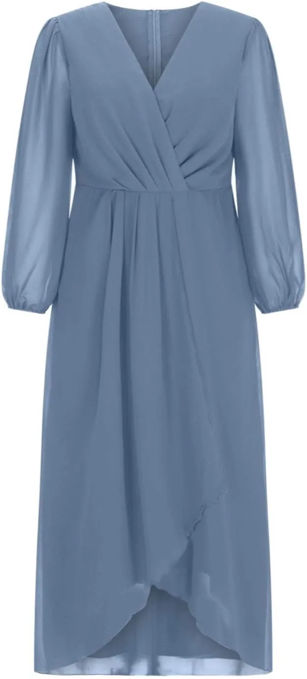 Women's Fall Winter Chiffon V Neck Long Sleeves Pleated Dress A-Line Wedding Guest Flowy High Low Evening Party Gown