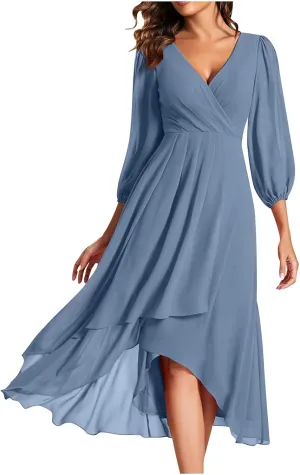Women's Fall Winter Chiffon V Neck Long Sleeves Pleated Dress A-Line Wedding Guest Flowy High Low Evening Party Gown