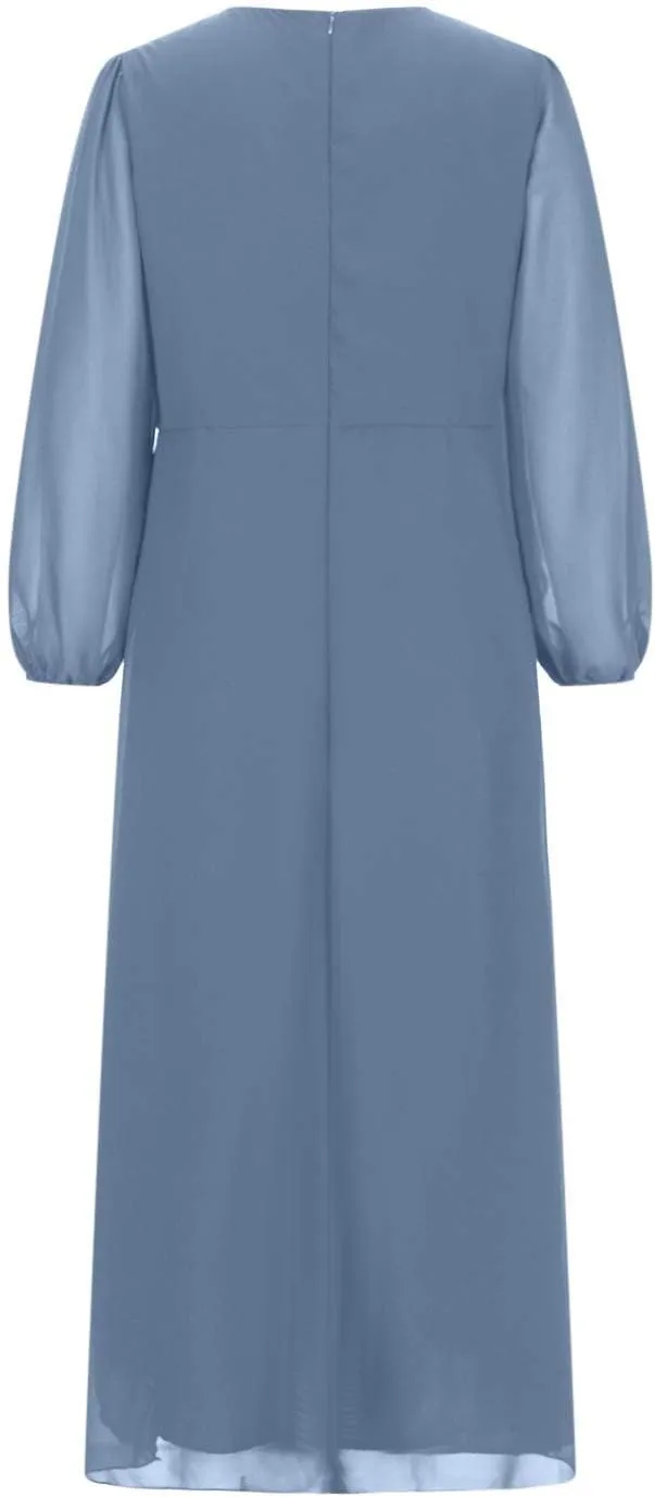 Women's Fall Winter Chiffon V Neck Long Sleeves Pleated Dress A-Line Wedding Guest Flowy High Low Evening Party Gown