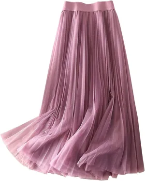 Womens Flowy Layered Tulle Midi Pleated Skirt Elastic Waist Swing Long Skirt Fashion Casual Dresses