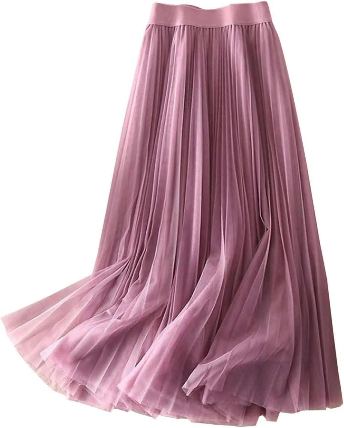 Womens Flowy Layered Tulle Midi Pleated Skirt Elastic Waist Swing Long Skirt Fashion Casual Dresses