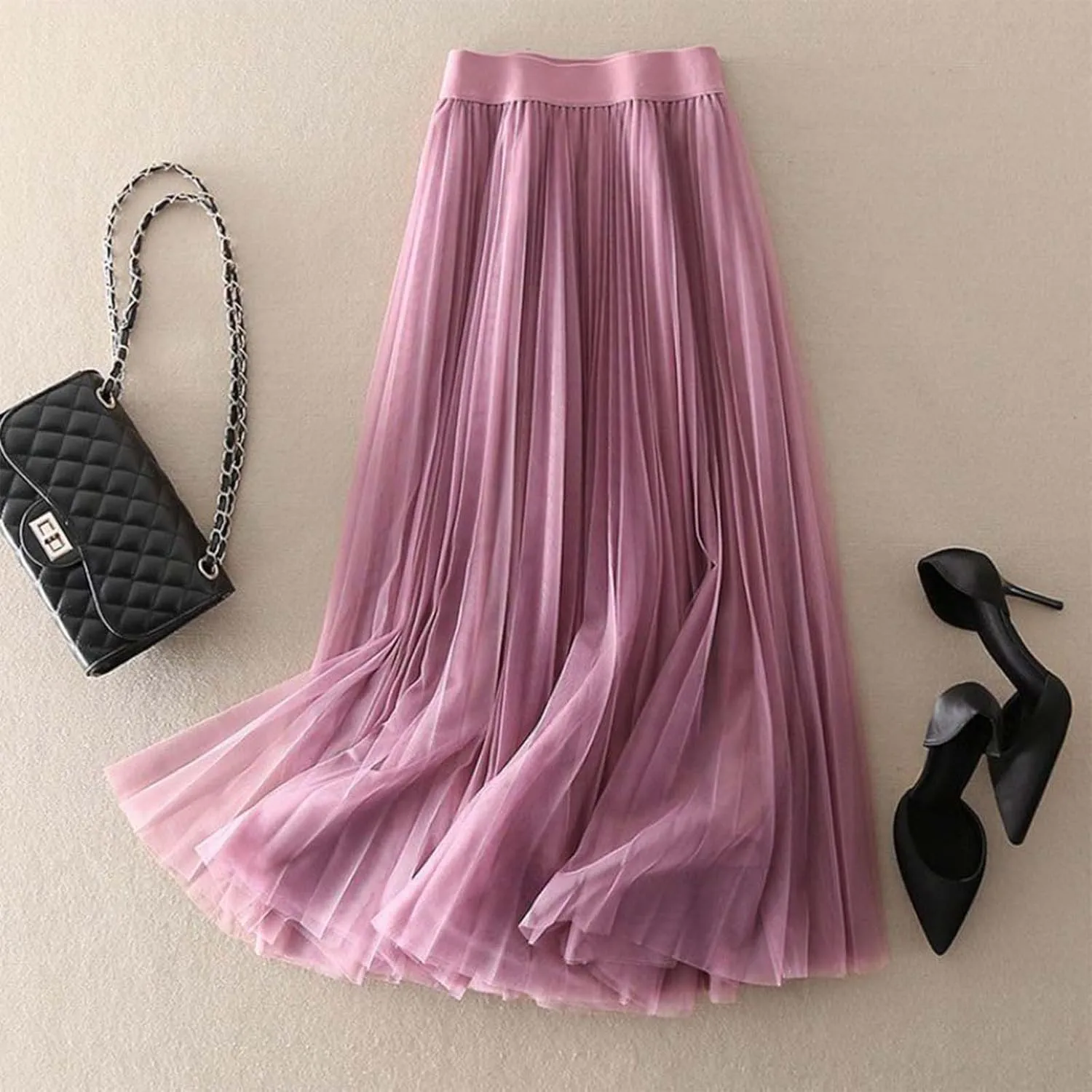 Womens Flowy Layered Tulle Midi Pleated Skirt Elastic Waist Swing Long Skirt Fashion Casual Dresses
