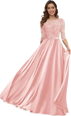 Women's Lace Appliques Mother of The Bride Dresses 3/4 Sleeves Pleated Chiffon Long A-line Formal Evening Gown