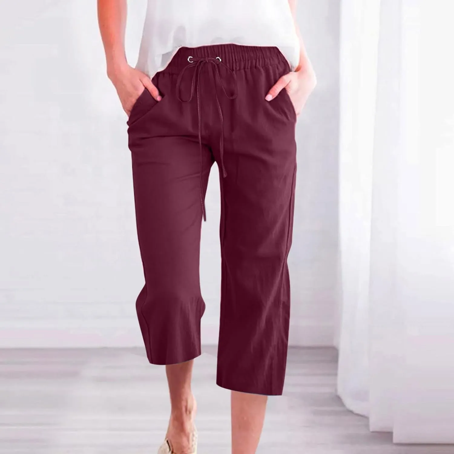 Women's Linen Capris Fashion Tapered Crop Pants Drawstring Elastic Waist Yoga Pants 2024 Casual Summer Pants