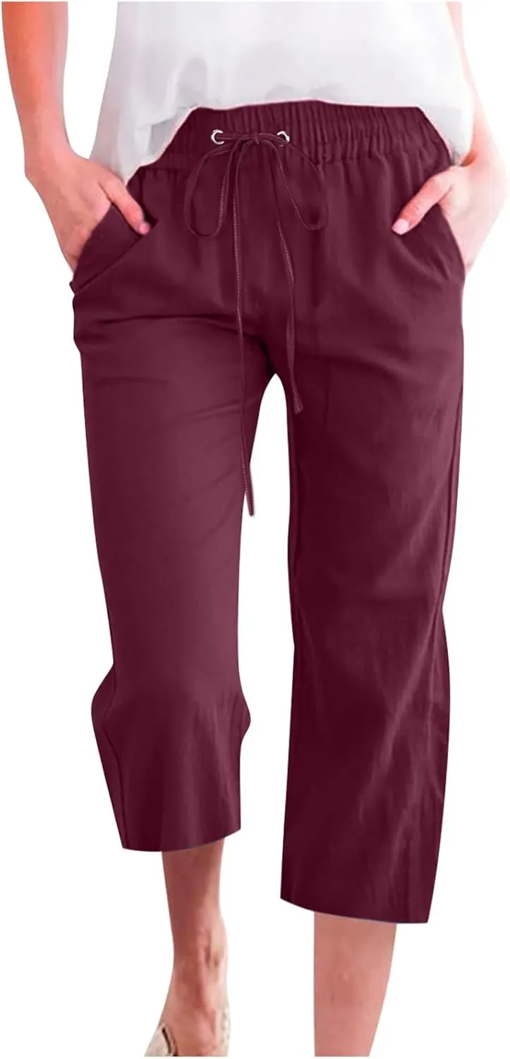 Women's Linen Capris Fashion Tapered Crop Pants Drawstring Elastic Waist Yoga Pants 2024 Casual Summer Pants