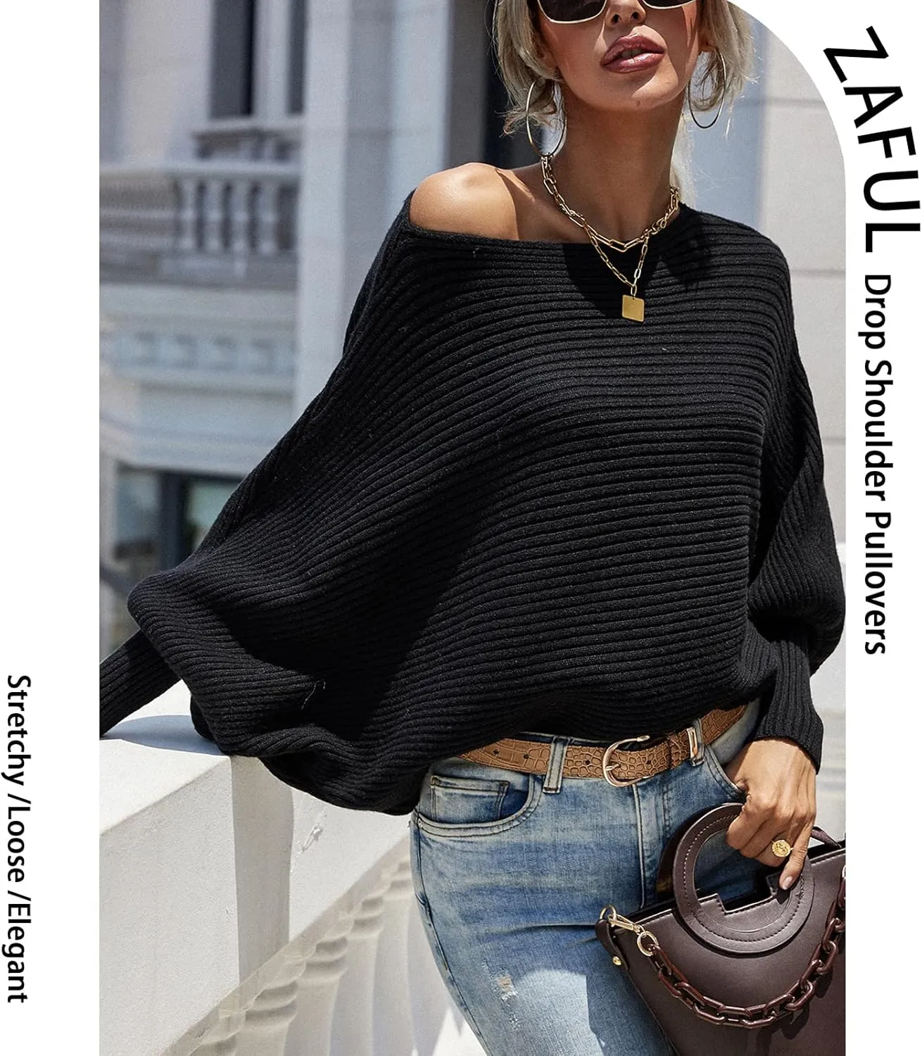 Women's Oversized Crewneck Sweaters Cro'p Tops Batwing Long Sleeve Ribbed Knitted Pullovers