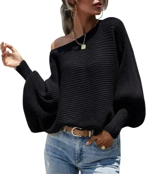Women's Oversized Crewneck Sweaters Cro'p Tops Batwing Long Sleeve Ribbed Knitted Pullovers