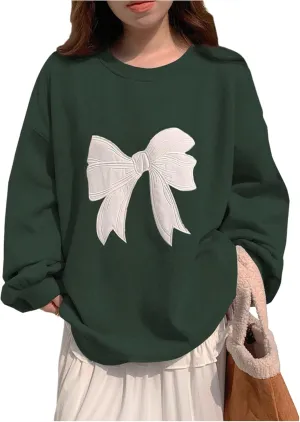 Women's Oversized Sweatshirts Bow Embroidery Long Sleeve Crewneck Sweatshirt Pullovers Trendy