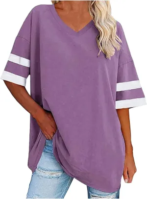 Women's Oversized T Shirts Short Sleeve Crewneck Summer Tops Casual Loose Tee Shirts with Stripe is on The Arms