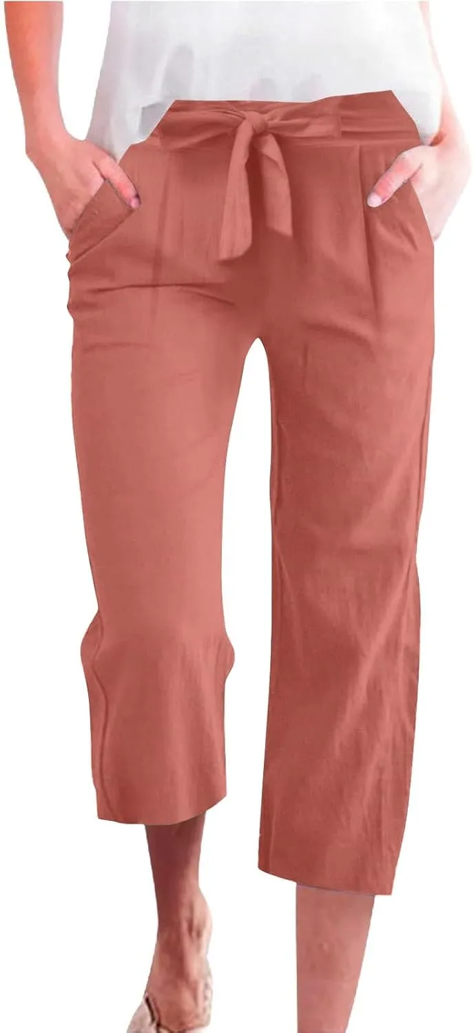 Womens Plus Size Capris Pants 2025 Casual Solid Elastic High Waist Lounge Pants Drawstring Wide Leg Cropped Trousers